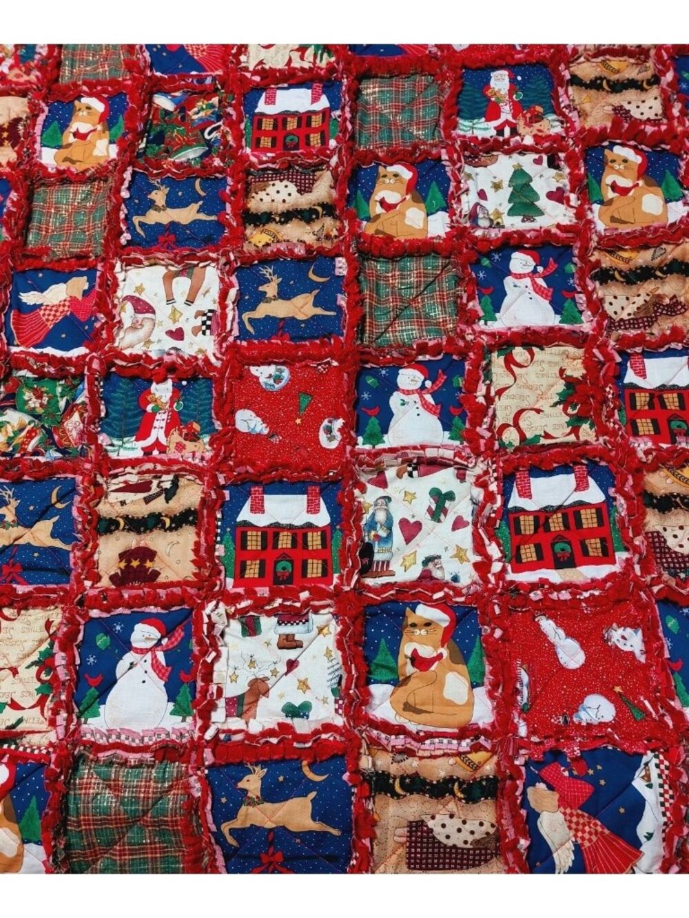 Christmas Rag Lap Throw Quilt 52" x 52" Santa Snowman Cats Angels